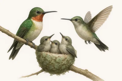 Hummingbird Family With Chicks In A Nest