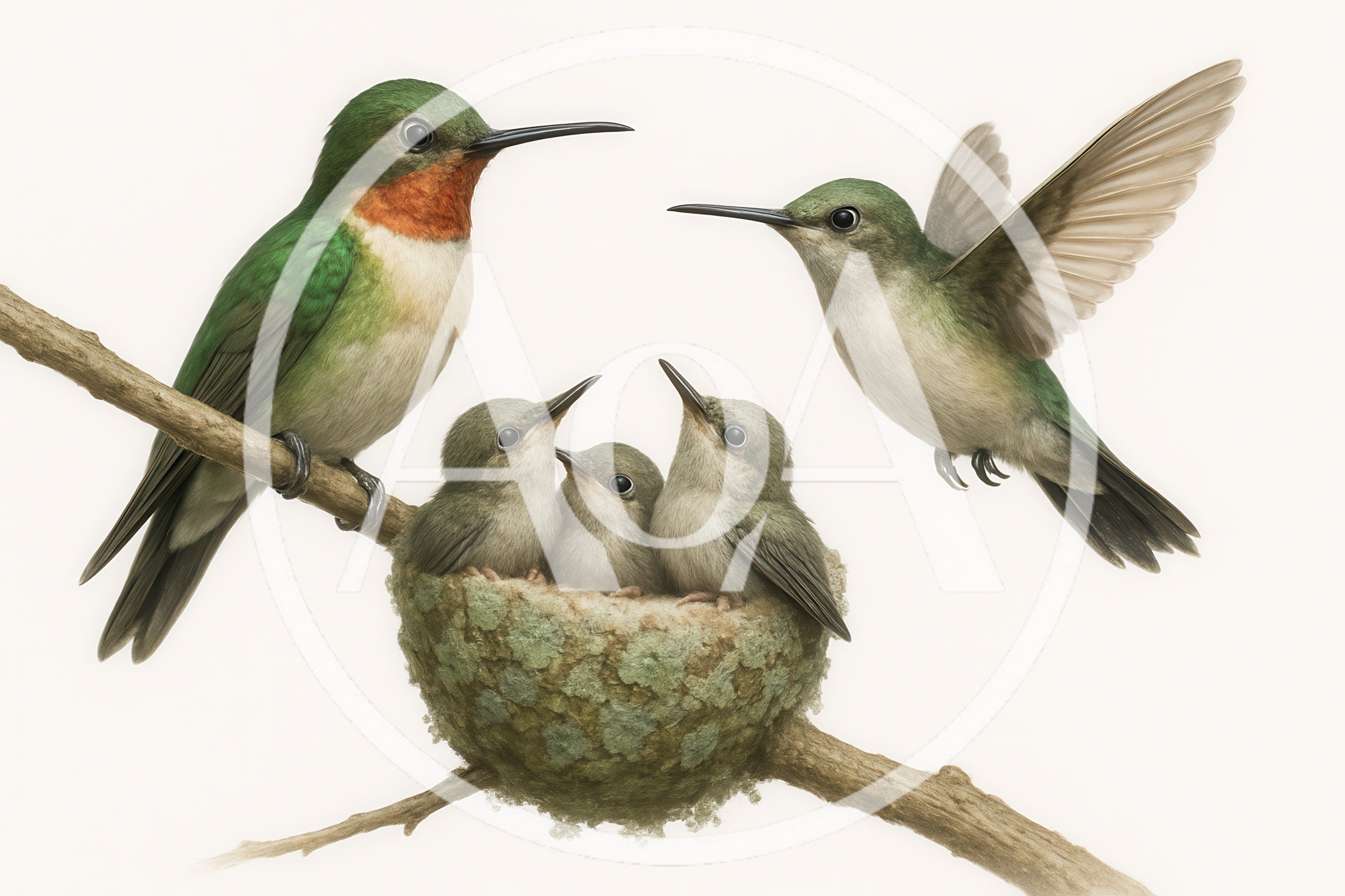 Hummingbird Family With Chicks In A Nest