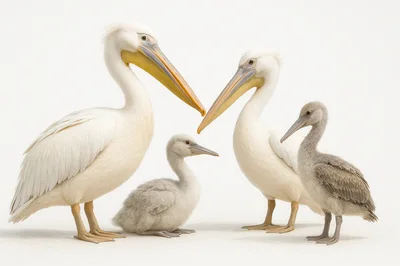 Family Of Great White Pelicans With Chicks