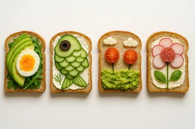 Four Creative Toasts Decorated With Fresh Vegetables