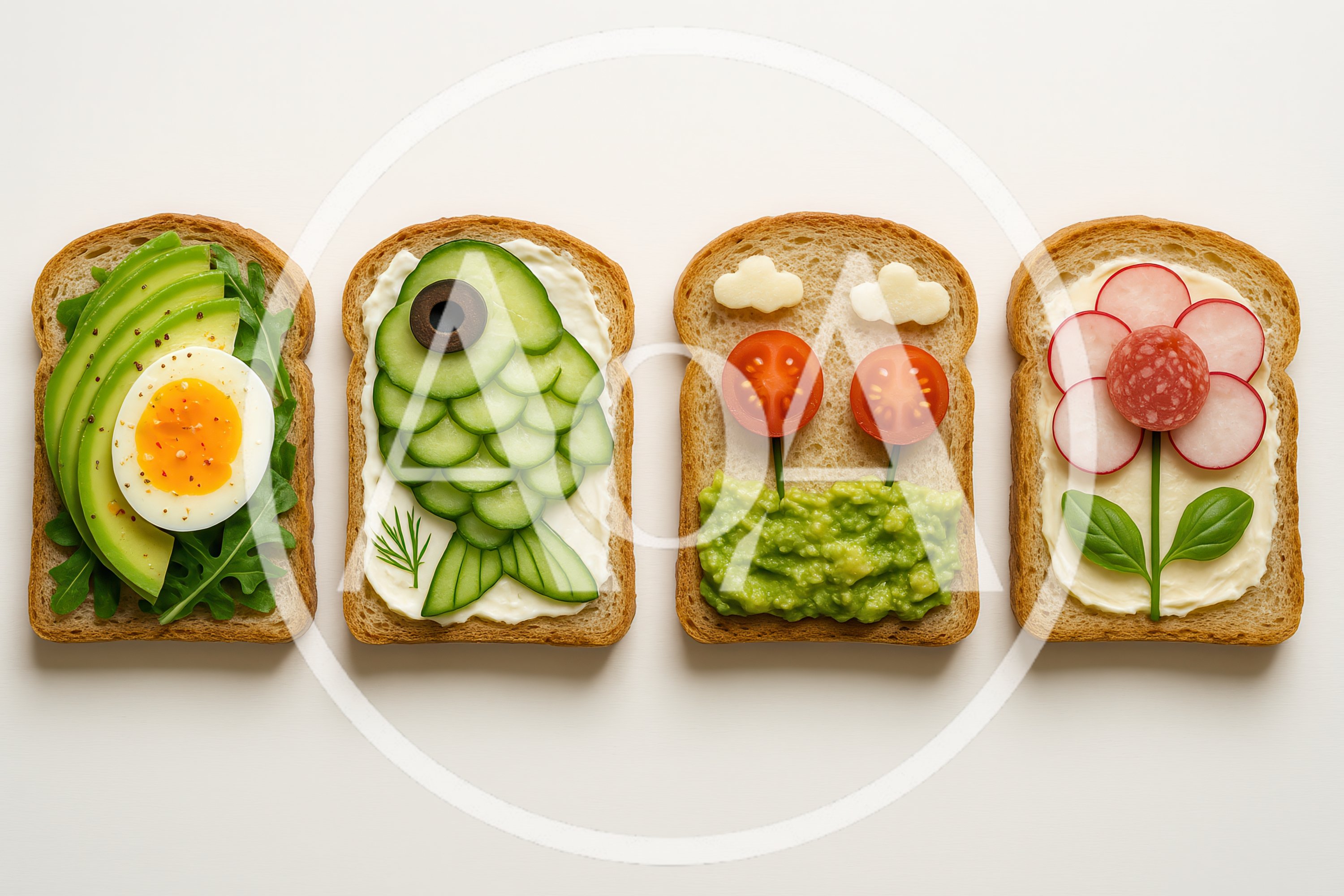 Four Creative Toasts Decorated With Fresh Vegetables