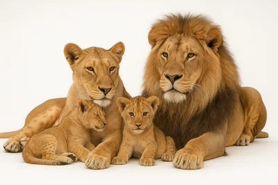 Lion Family Portrait With Two Cubs