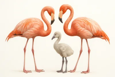 Two Adult Flamingos With A Fluffy Chick