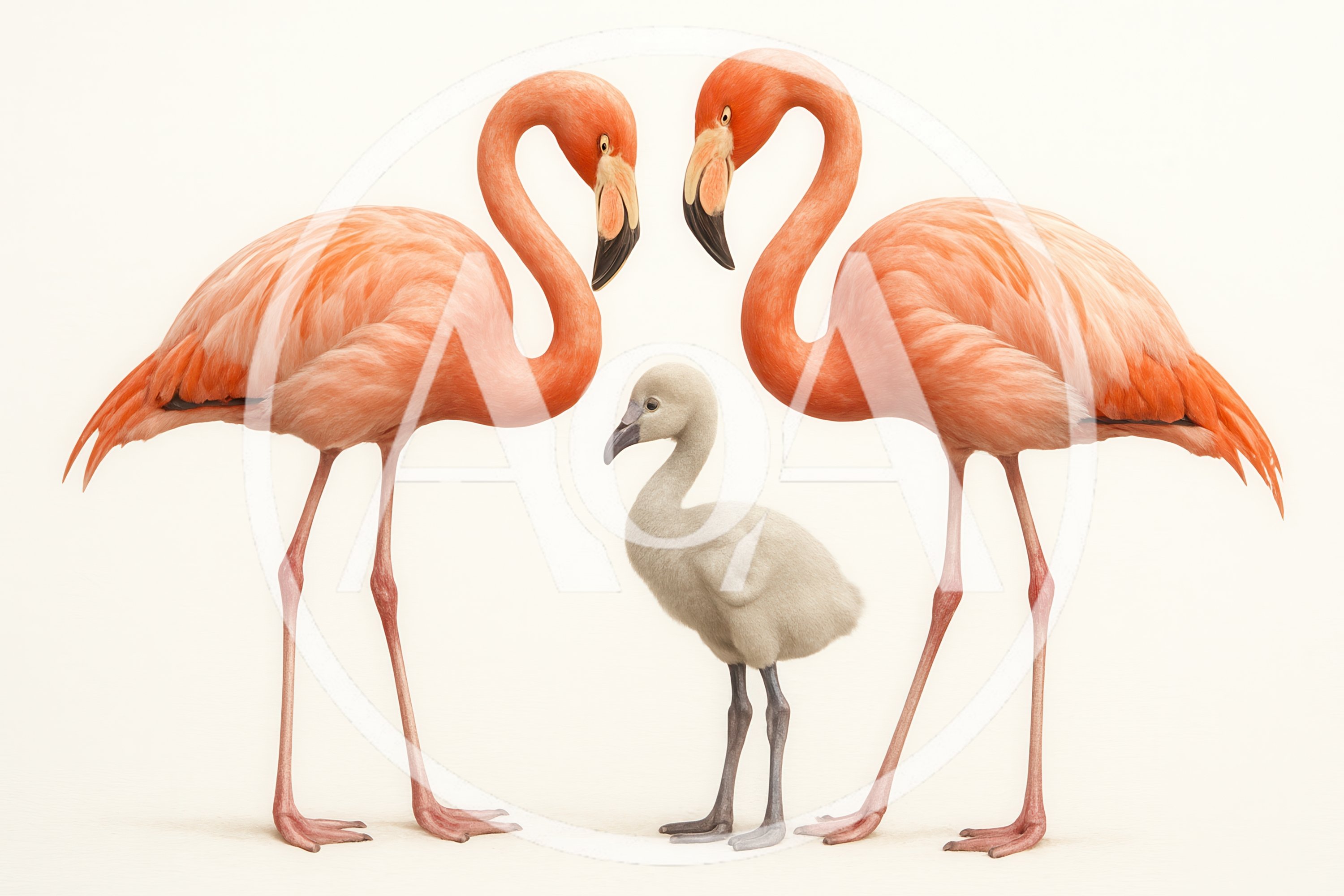 Two Adult Flamingos With A Fluffy Chick