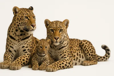 Leopard Family Sitting Together On White Background
