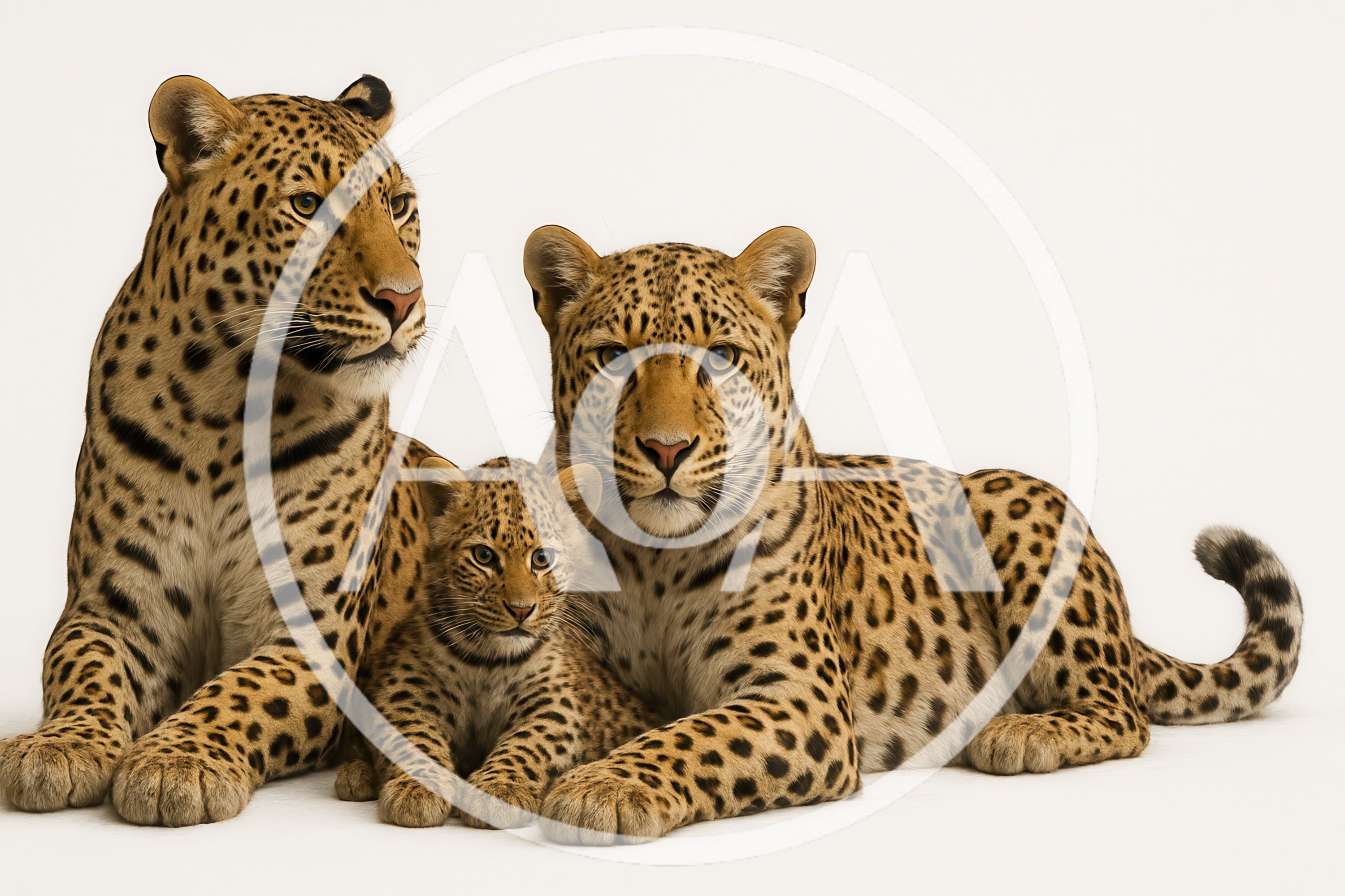Leopard Family Sitting Together On White Background