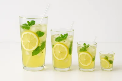 Four Glasses Of Refreshing Lemonade With Mint And Ice