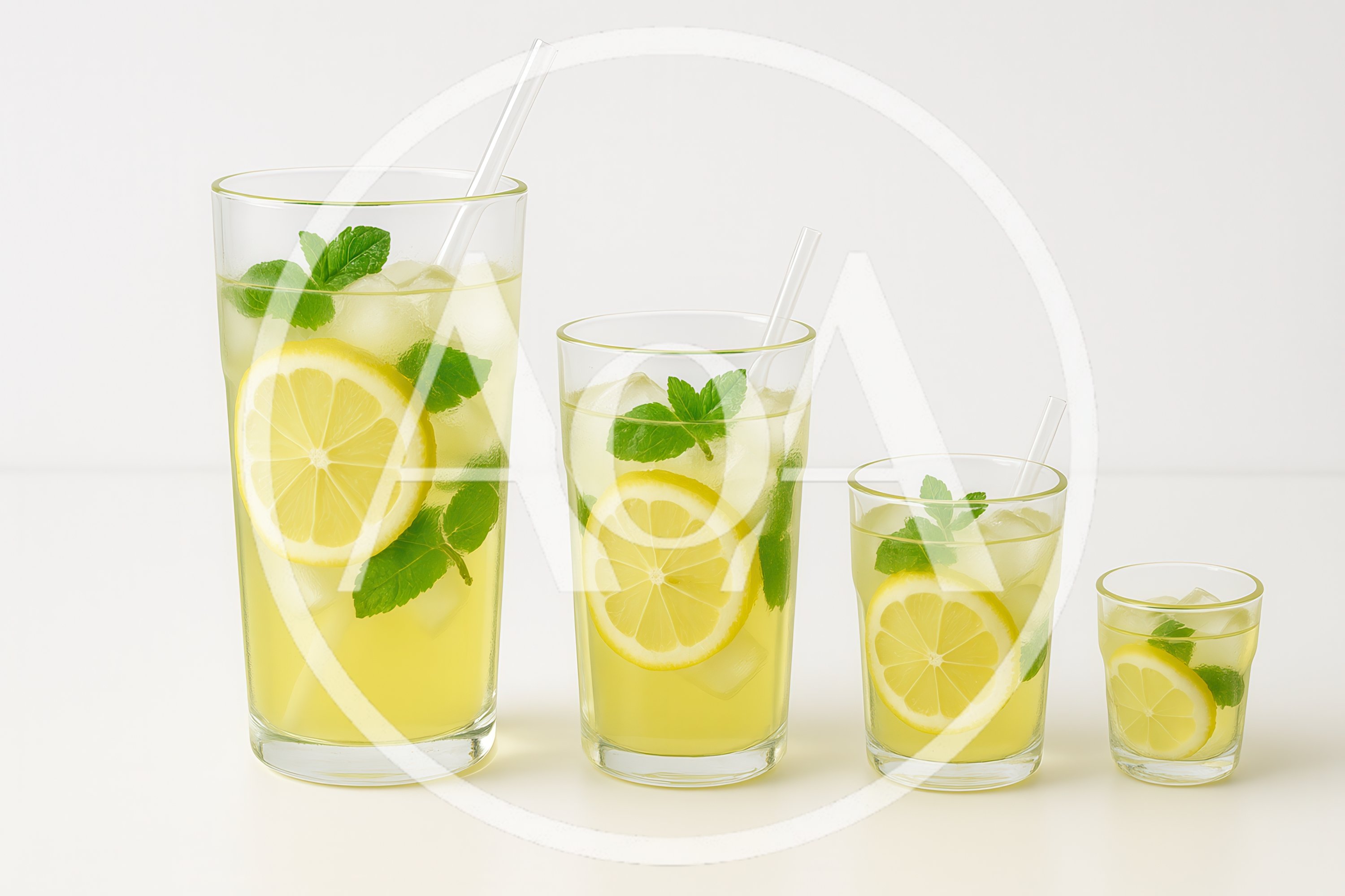 Four Glasses Of Refreshing Lemonade With Mint And Ice