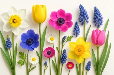 Assorted Spring Flowers Arranged on White Background