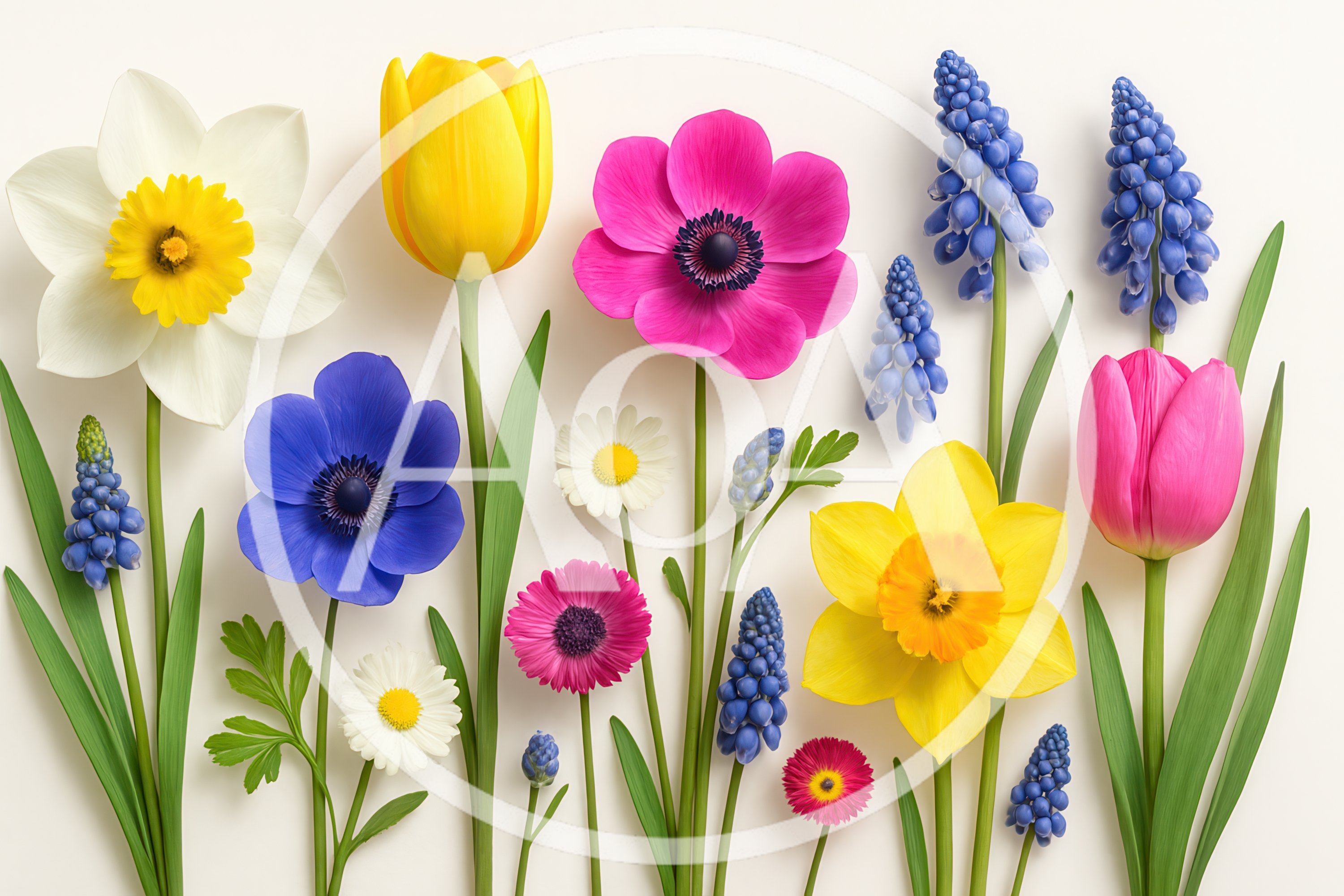 Assorted Spring Flowers Arranged on White Background
