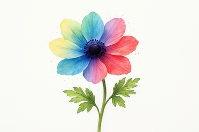 Watercolor Illustration Of A Rainbow Colored Anemone Flower