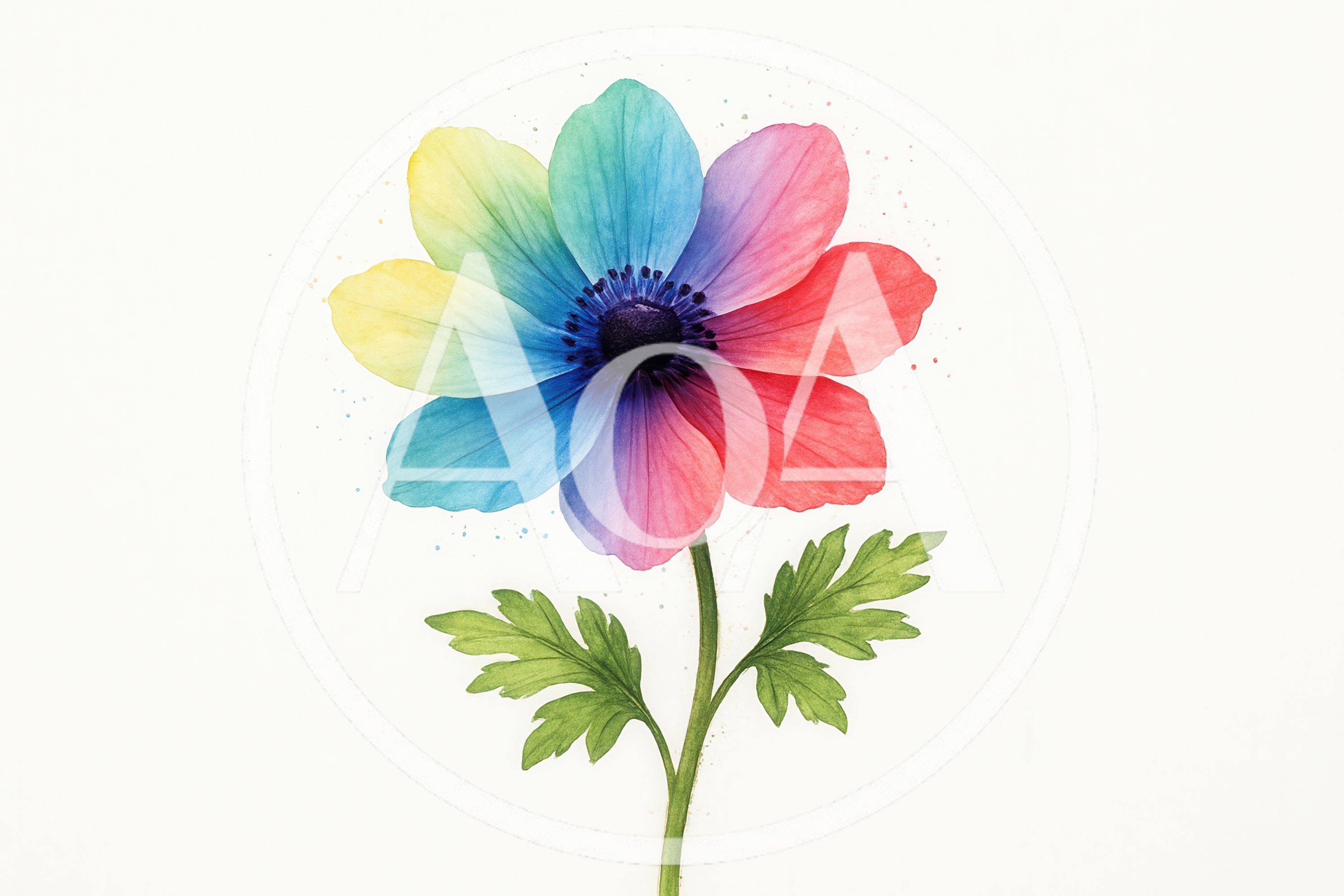 Watercolor Illustration Of A Rainbow Colored Anemone Flower