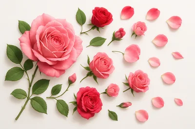 Pink and Red Rose Flowers and Petals Flat Lay