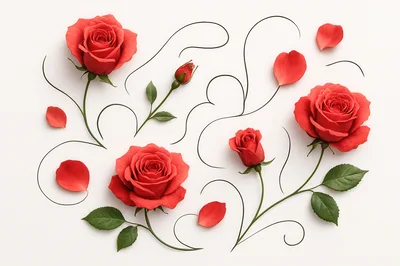 Red Roses And Decorative Swirls On White Background