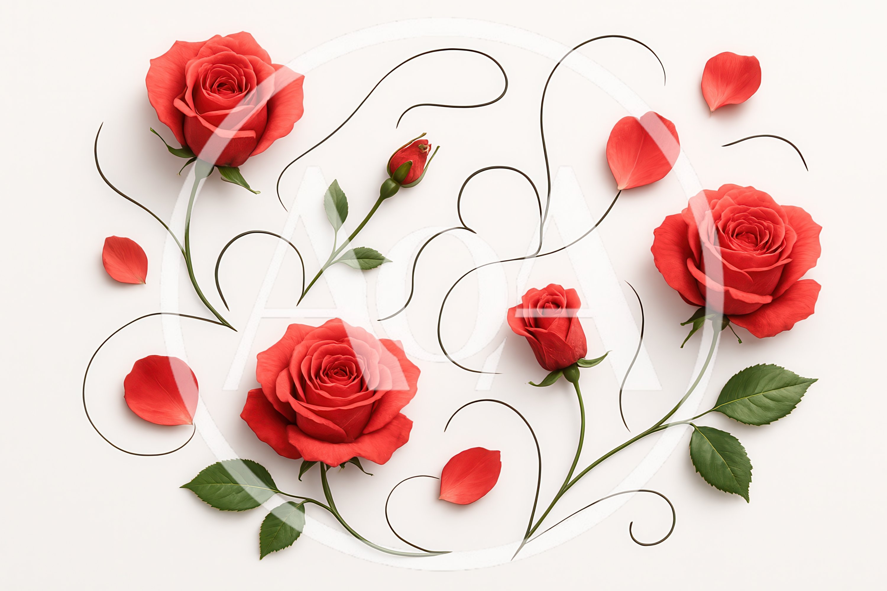 Red Roses And Decorative Swirls On White Background