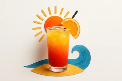 Tequila Sunrise Cocktail With Paper Craft Beach Elements