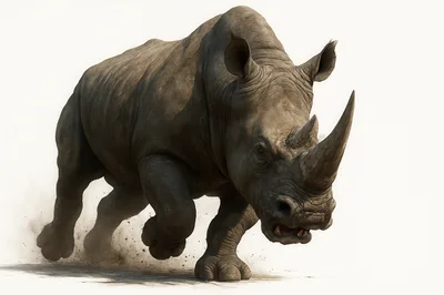 Charging White Rhinoceros Running Through Dust