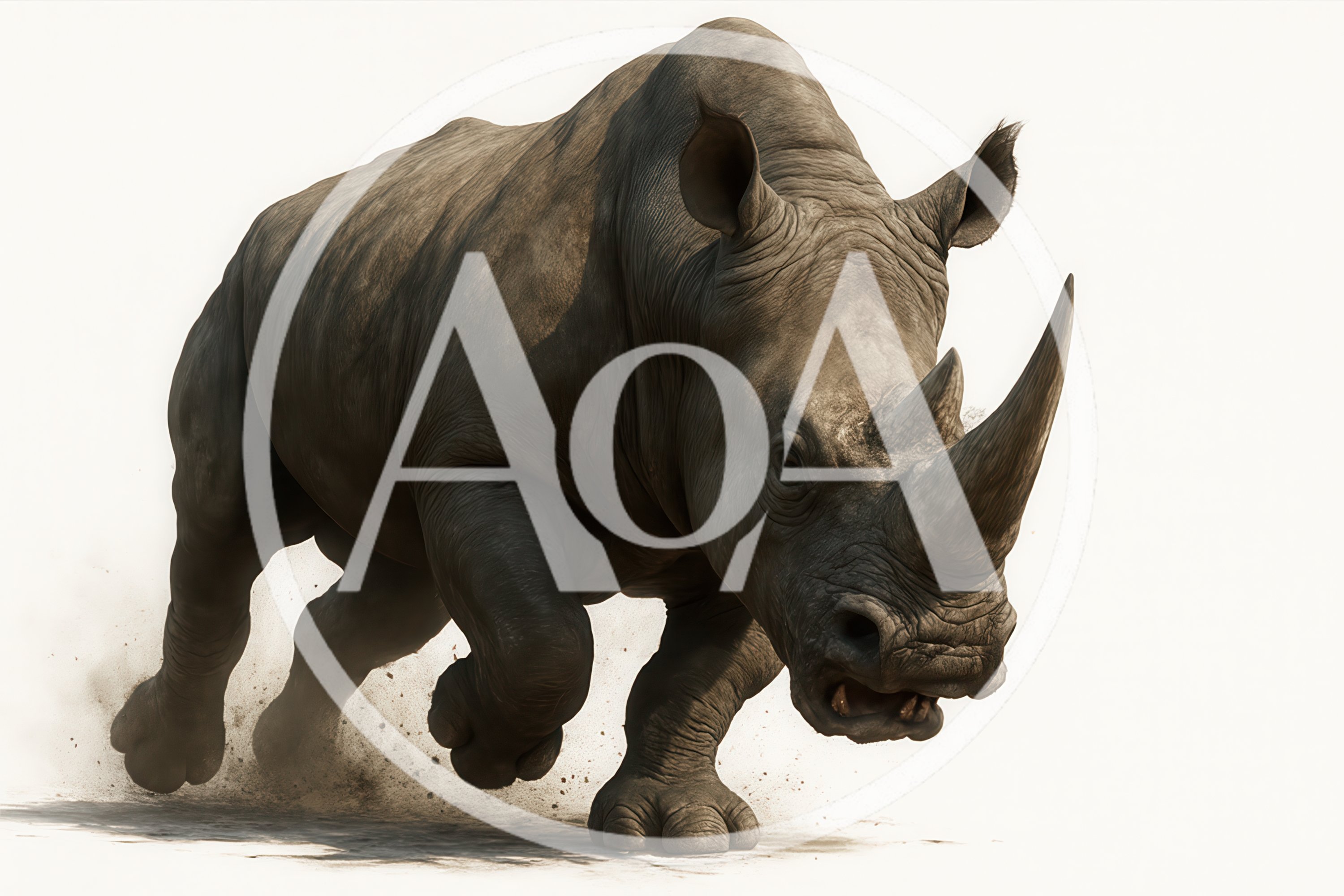 Charging White Rhinoceros Running Through Dust