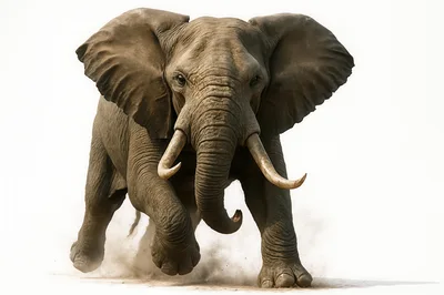 African Elephant Charging Forward In Dust
