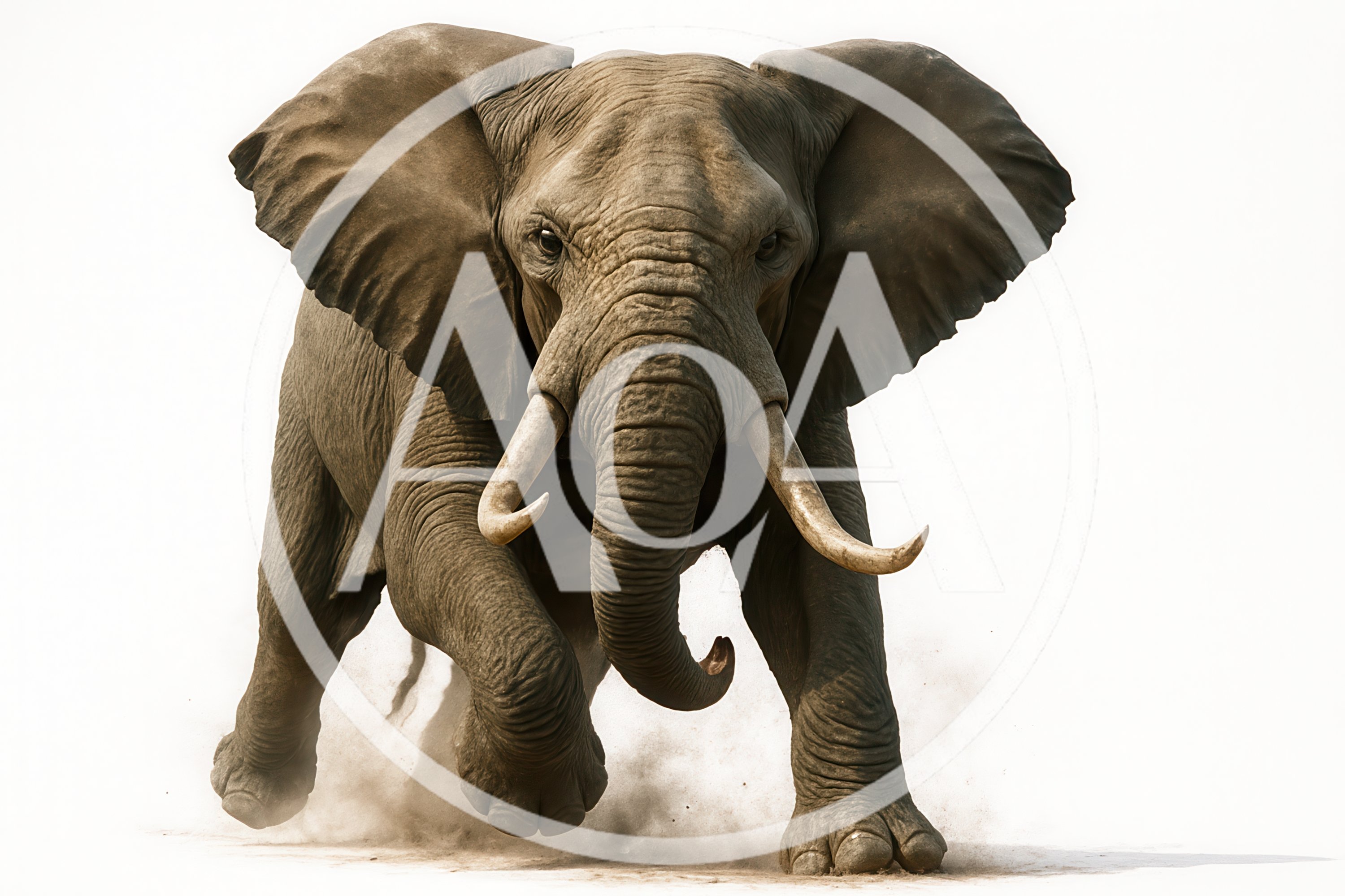 African Elephant Charging Forward In Dust