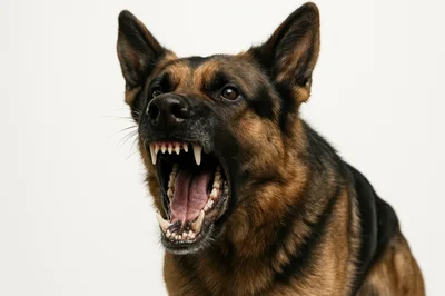 Aggressive German Shepherd Dog Snarling With Bared Teeth