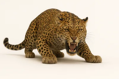 Aggressive Leopard Snarling On White Background