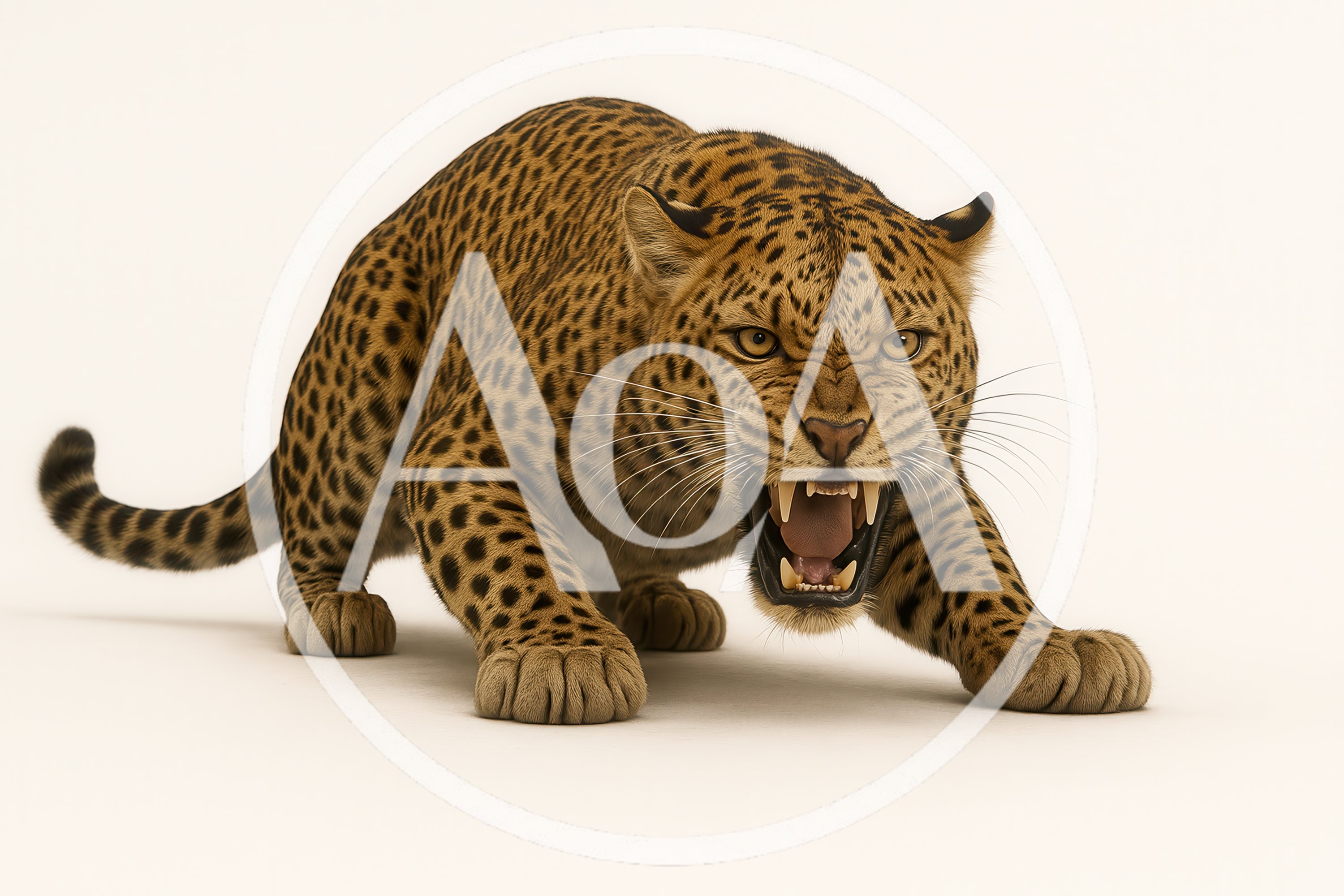 Aggressive Leopard Snarling On White Background