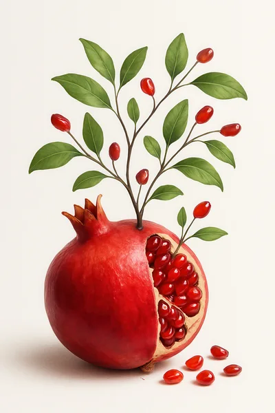 Surreal Pomegranate Fruit With Growing Branches And Seeds