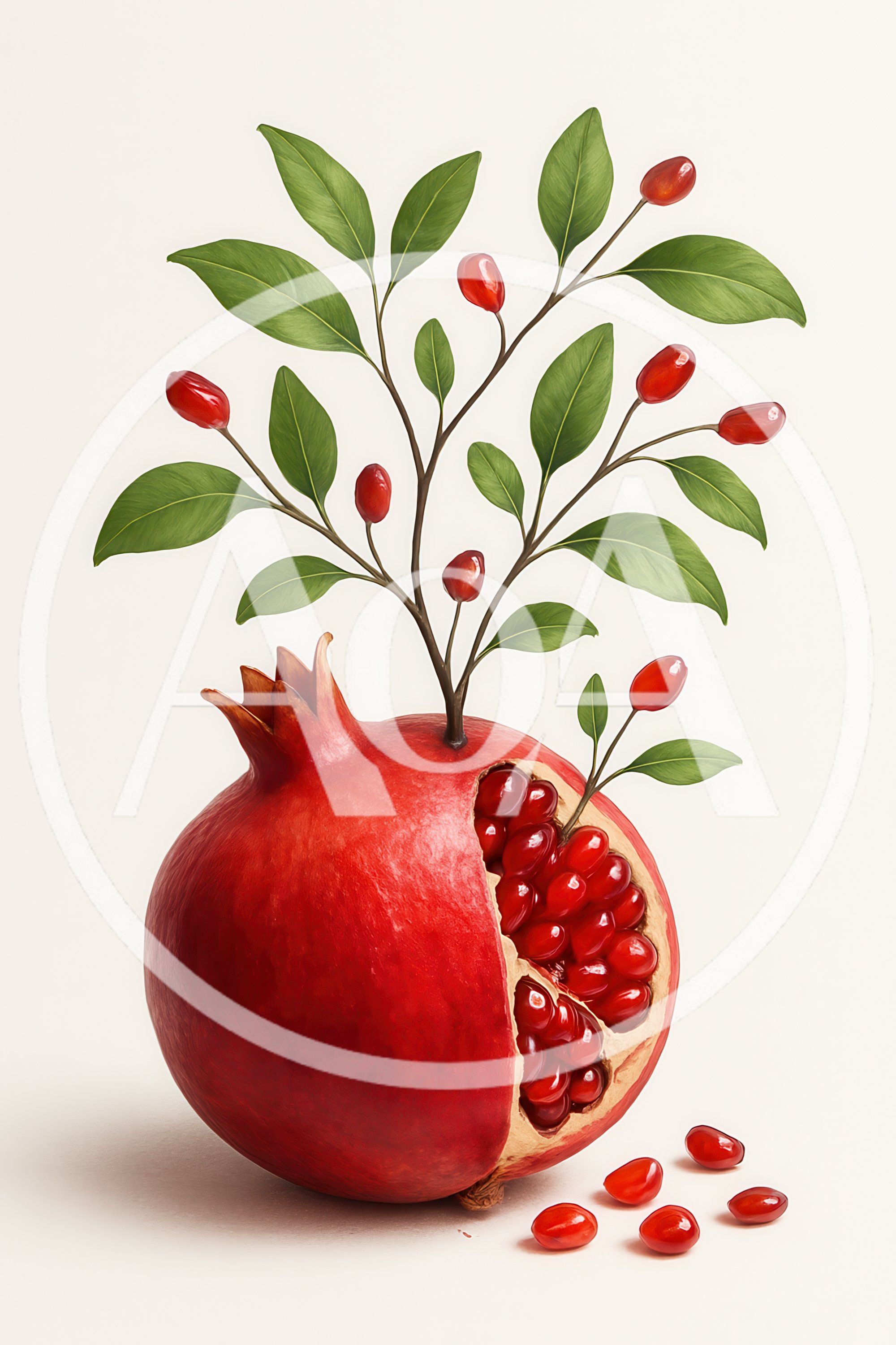 Surreal Pomegranate Fruit With Growing Branches And Seeds