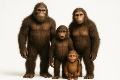 Family Of Hominid Primates Standing Together