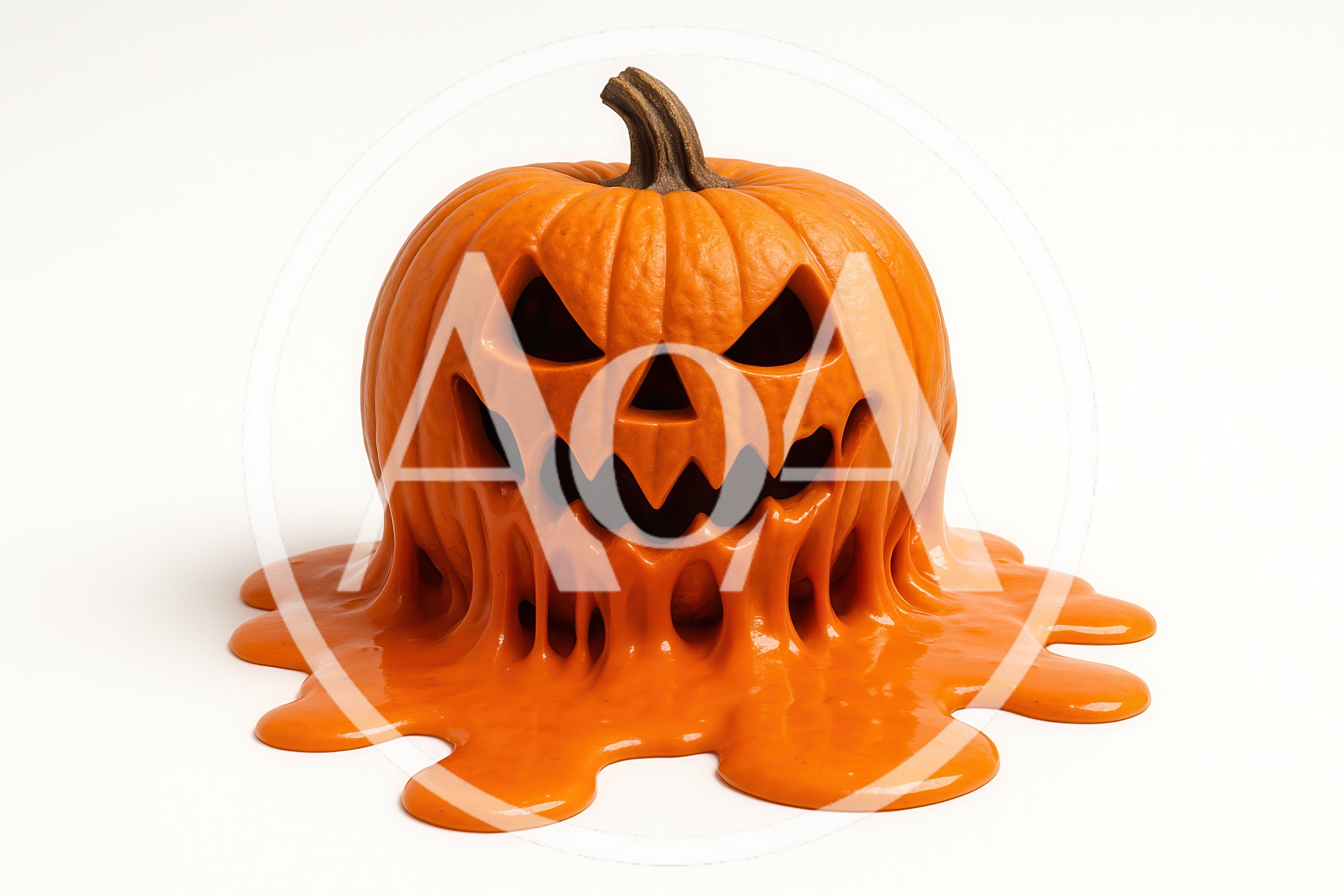 Melting Jack O Lantern Pumpkin On White Background