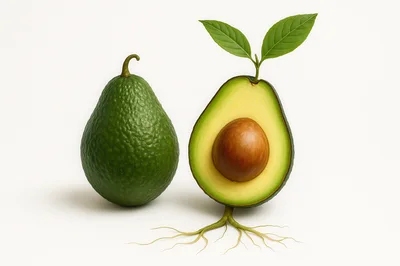 Whole And Halved Avocado With Roots And Leaves