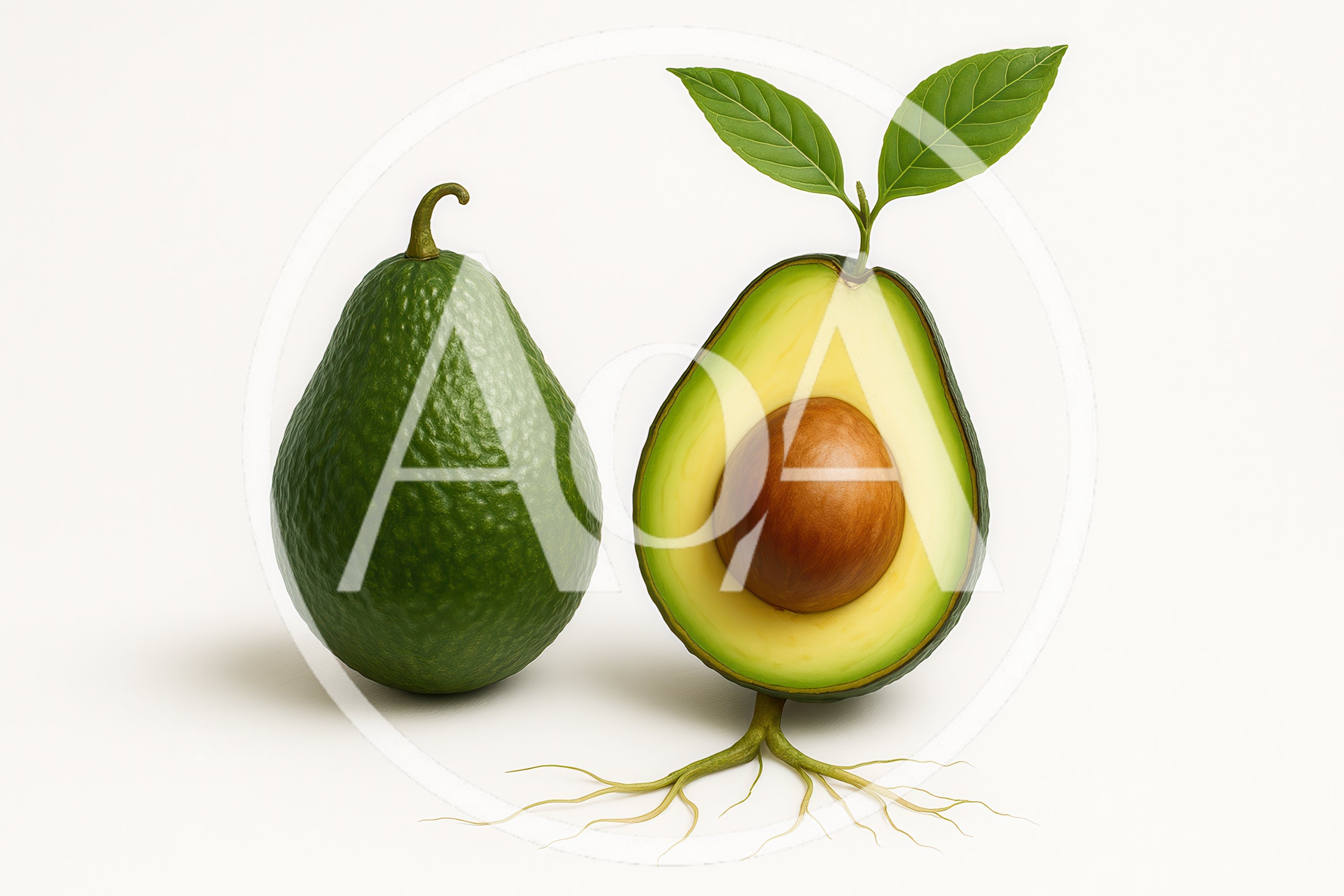Whole And Halved Avocado With Roots And Leaves