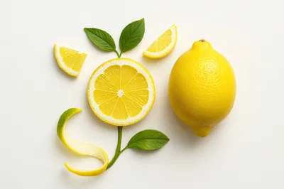 Fresh Lemons With Leaves And Peel On White Background