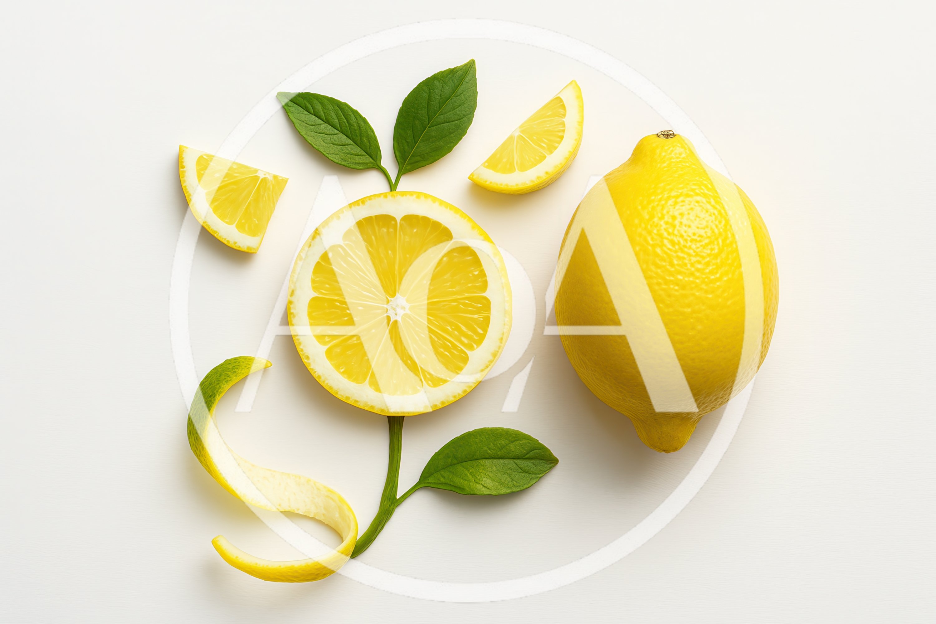 Fresh Lemons With Leaves And Peel On White Background