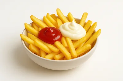 Bowl of French Fries with Ketchup and Mayonnaise