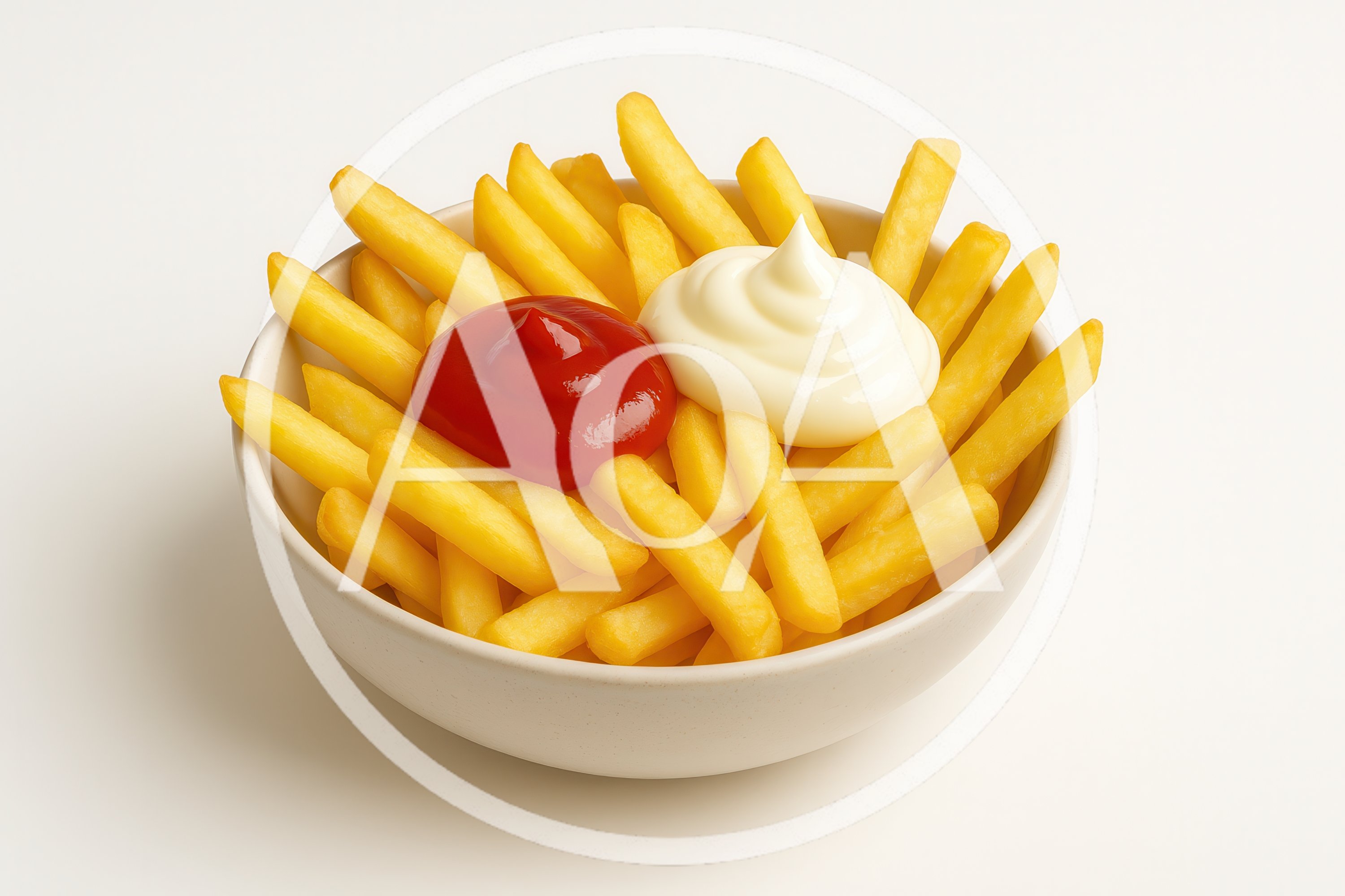 Bowl of French Fries with Ketchup and Mayonnaise
