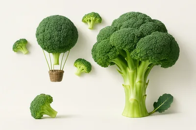 Surreal Broccoli Hot Air Balloon Floating Near Broccoli Tree