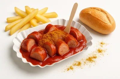 Currywurst With French Fries And Bread Roll