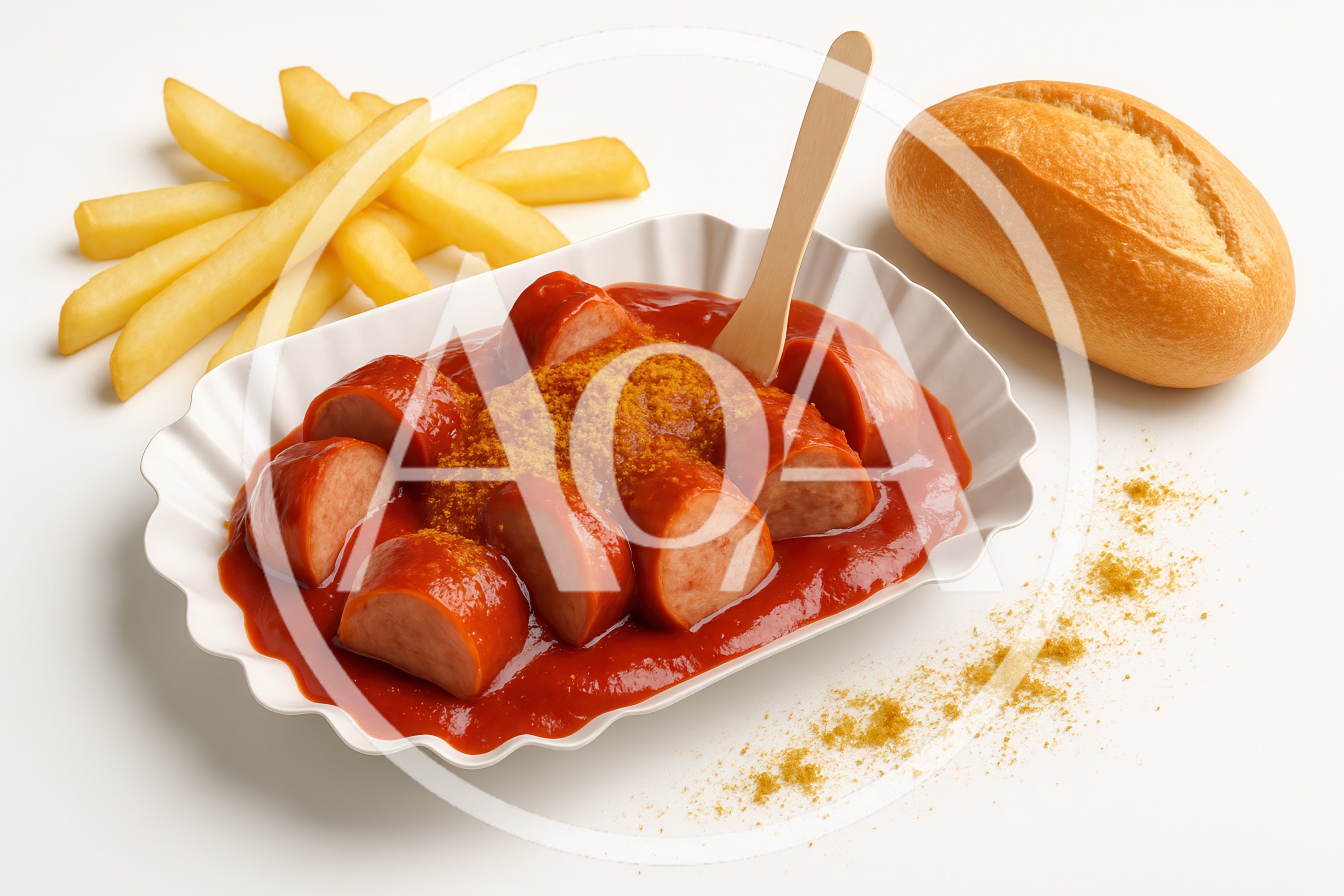 Currywurst With French Fries And Bread Roll