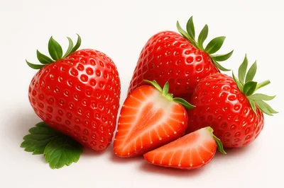 Fresh Ripe Strawberries With Green Leaves On White Background