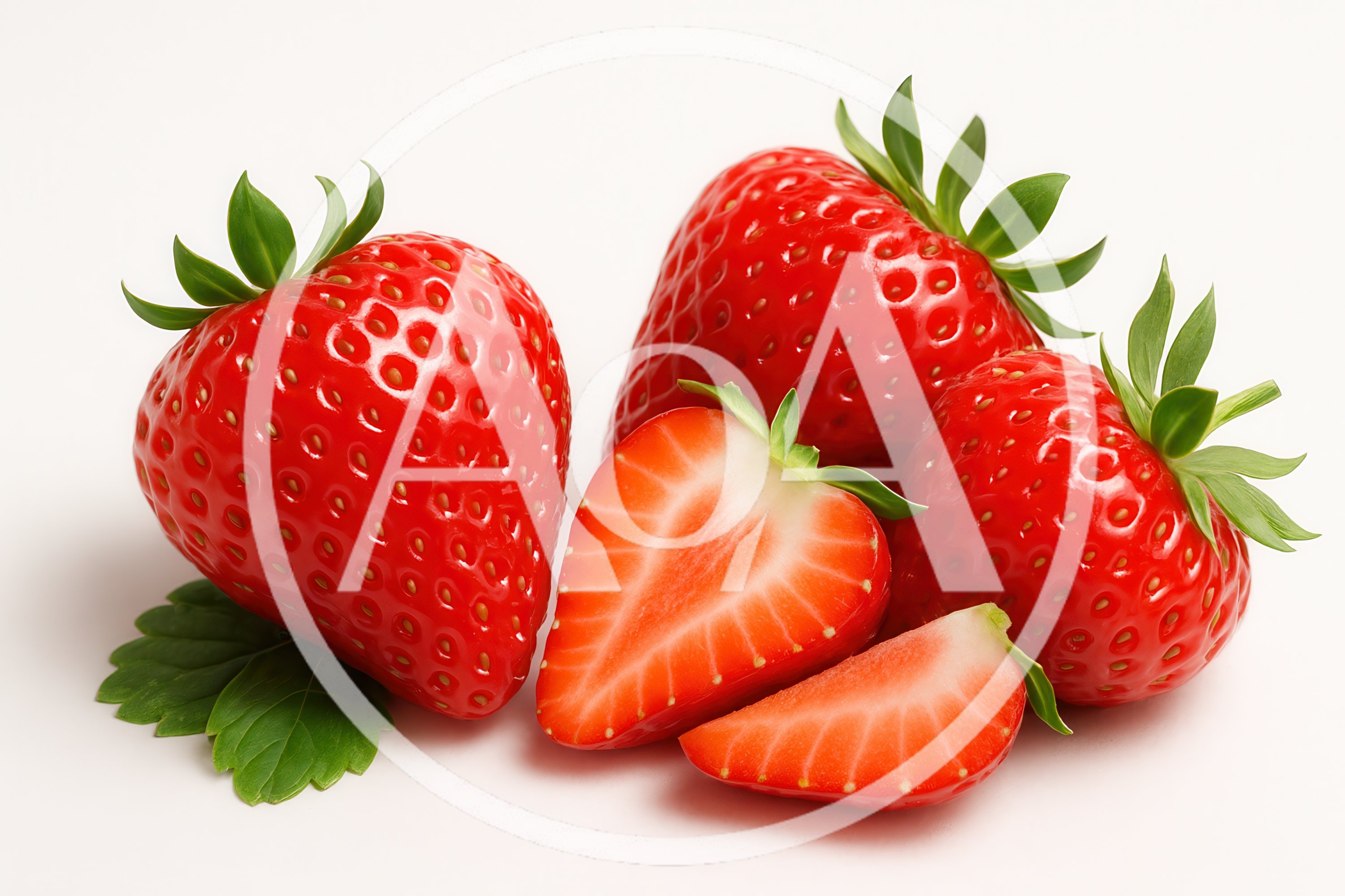 Fresh Ripe Strawberries With Green Leaves On White Background