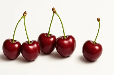 Five Fresh Red Cherries With Green Stems