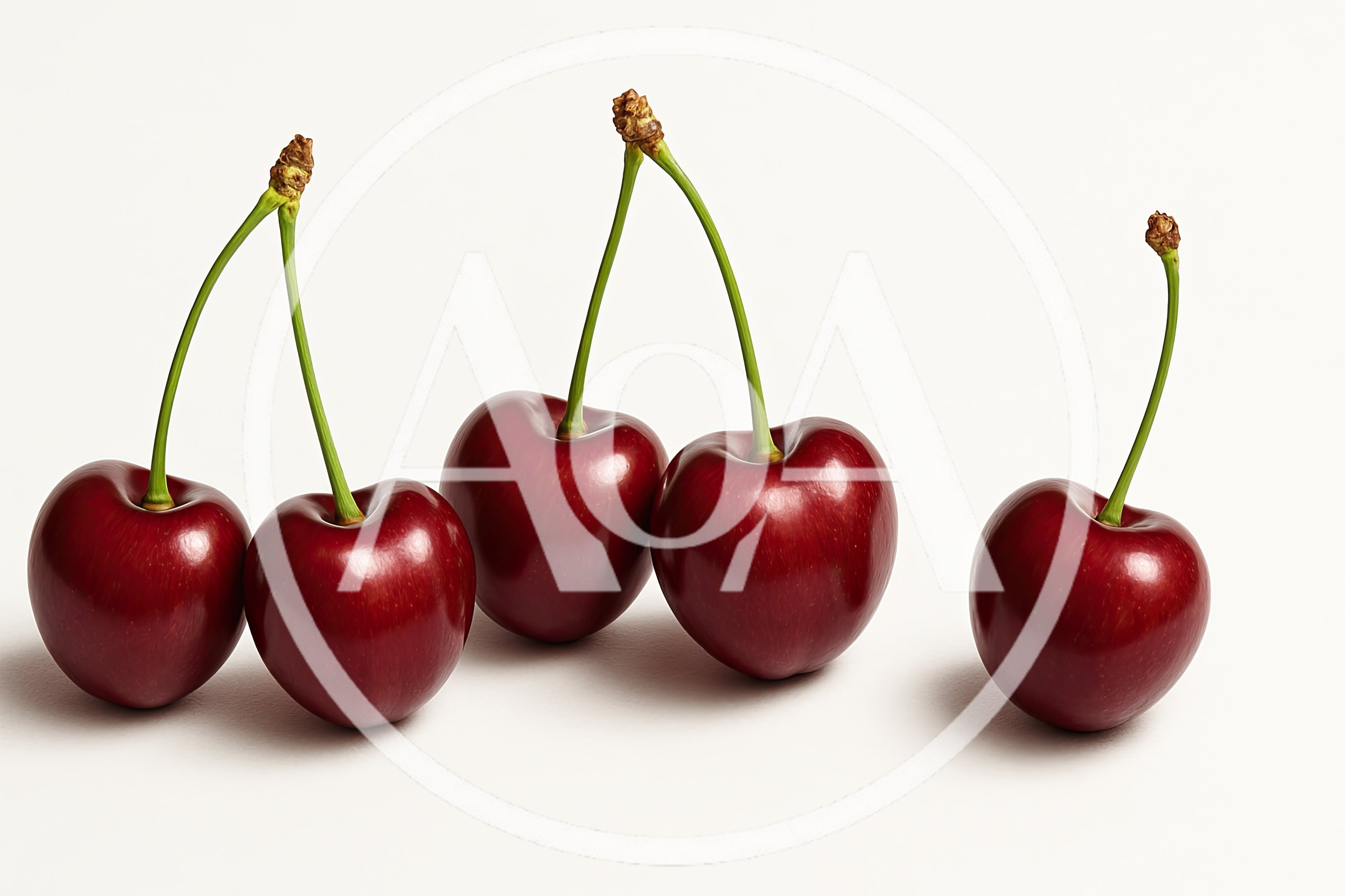 Five Fresh Red Cherries With Green Stems