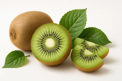 Fresh Whole And Sliced Kiwi Fruit With Green Leaves