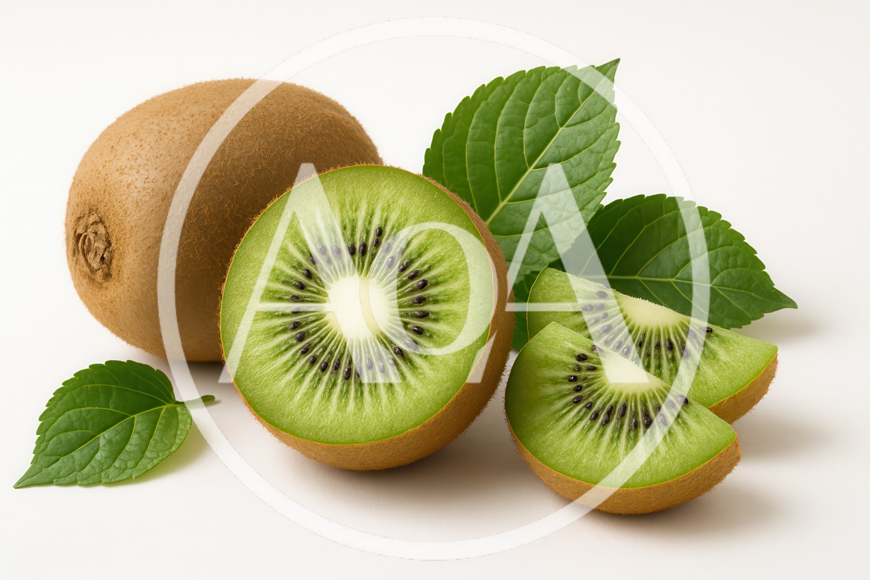Fresh Whole And Sliced Kiwi Fruit With Green Leaves