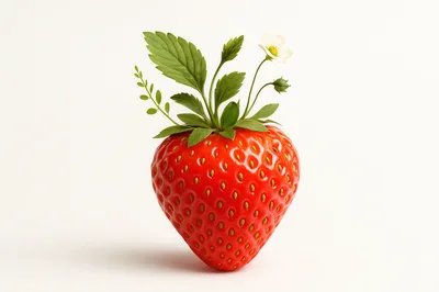 Fresh Red Strawberry With Green Leaves And Flower
