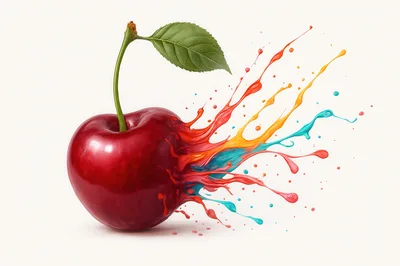 Red Cherry With Vibrant Multi-Colored Paint Splashes
