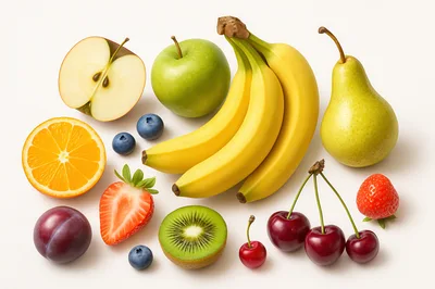 Assorted Fresh Fruits Arranged on White Background