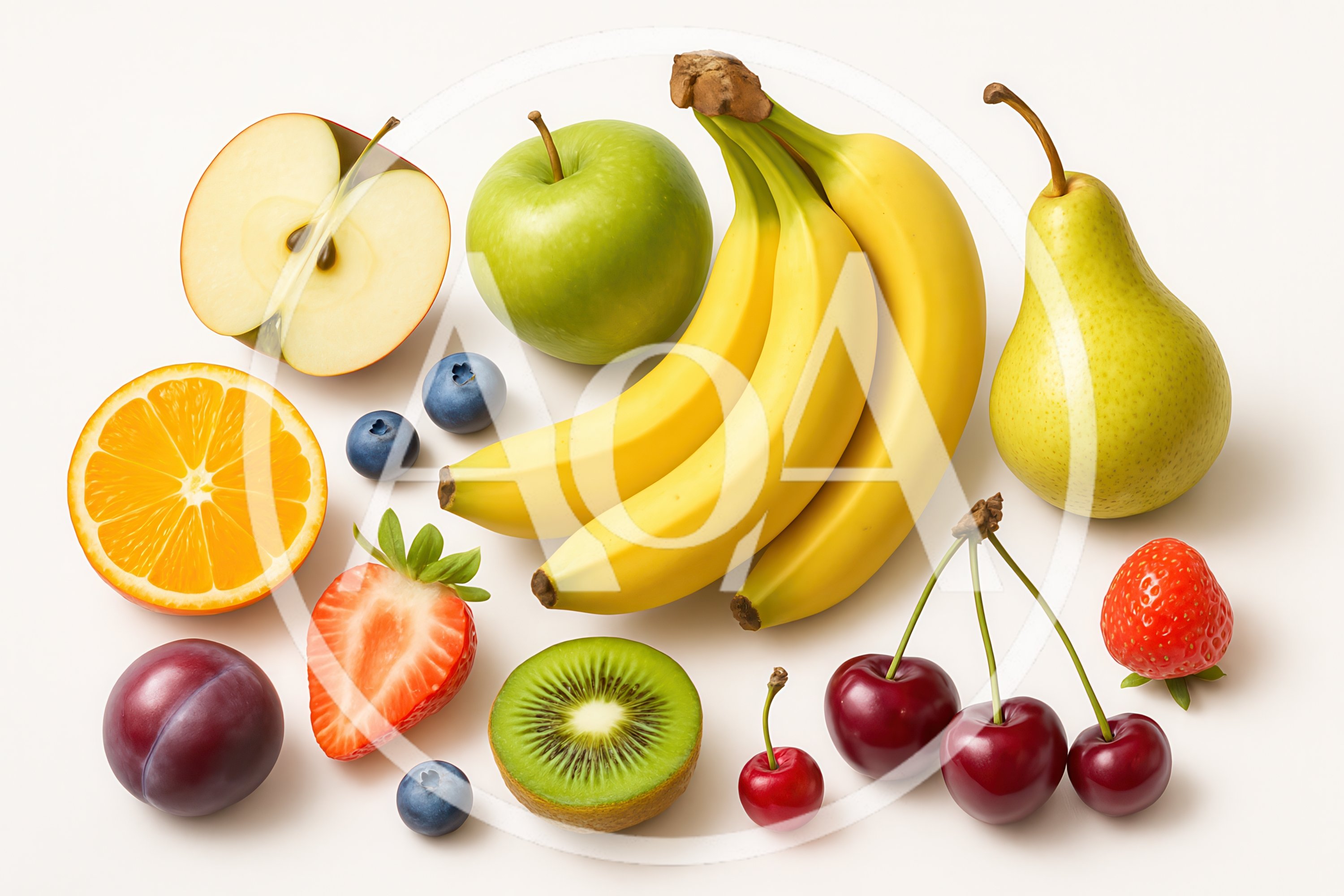 Assorted Fresh Fruits Arranged on White Background